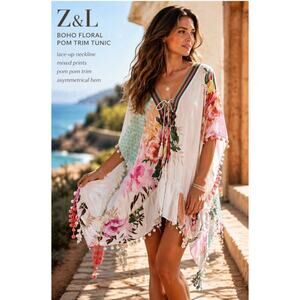 Z&L Women’s One Size Boho Floral Pom Trim Tunic Swim Cover Up